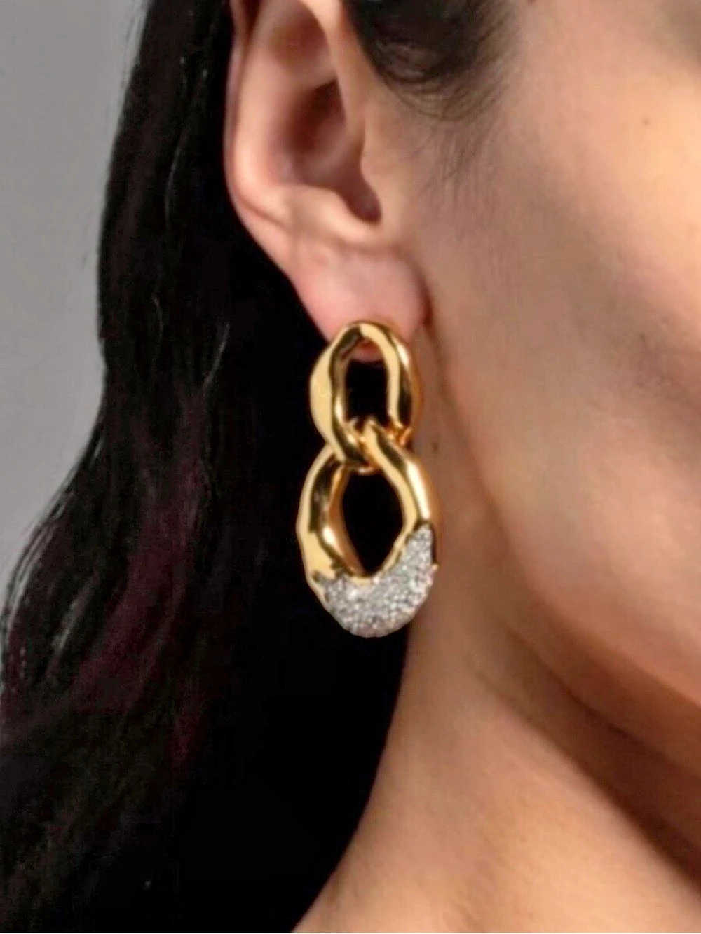 Alexis Bittar Solanales Crystal Large Link Earrings Gold Clear C Z SB28